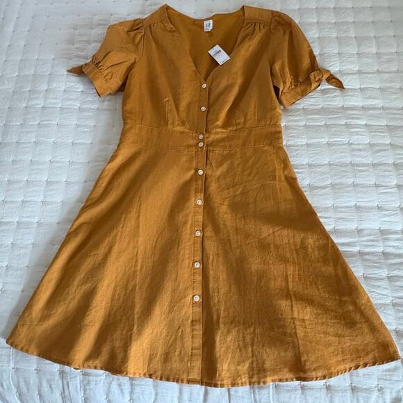 Gap Linen V-Neck Dress Women's S | Desert Sunset Gold, Tie Sleeve | NWT - Picture 7 of 16